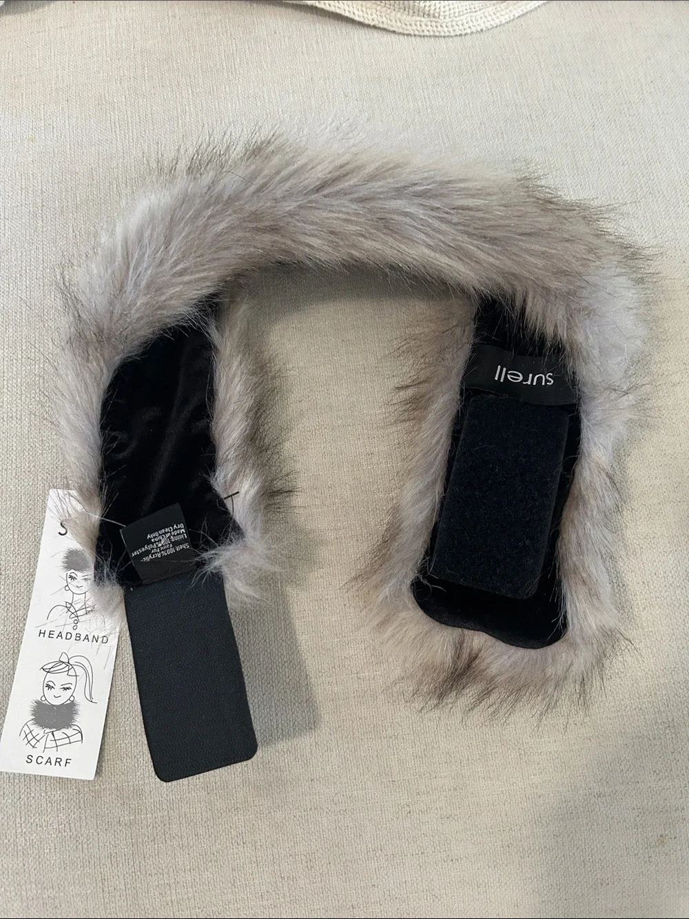SURELL Faux Fur Headband/Scarf, Greys, NEW with tags